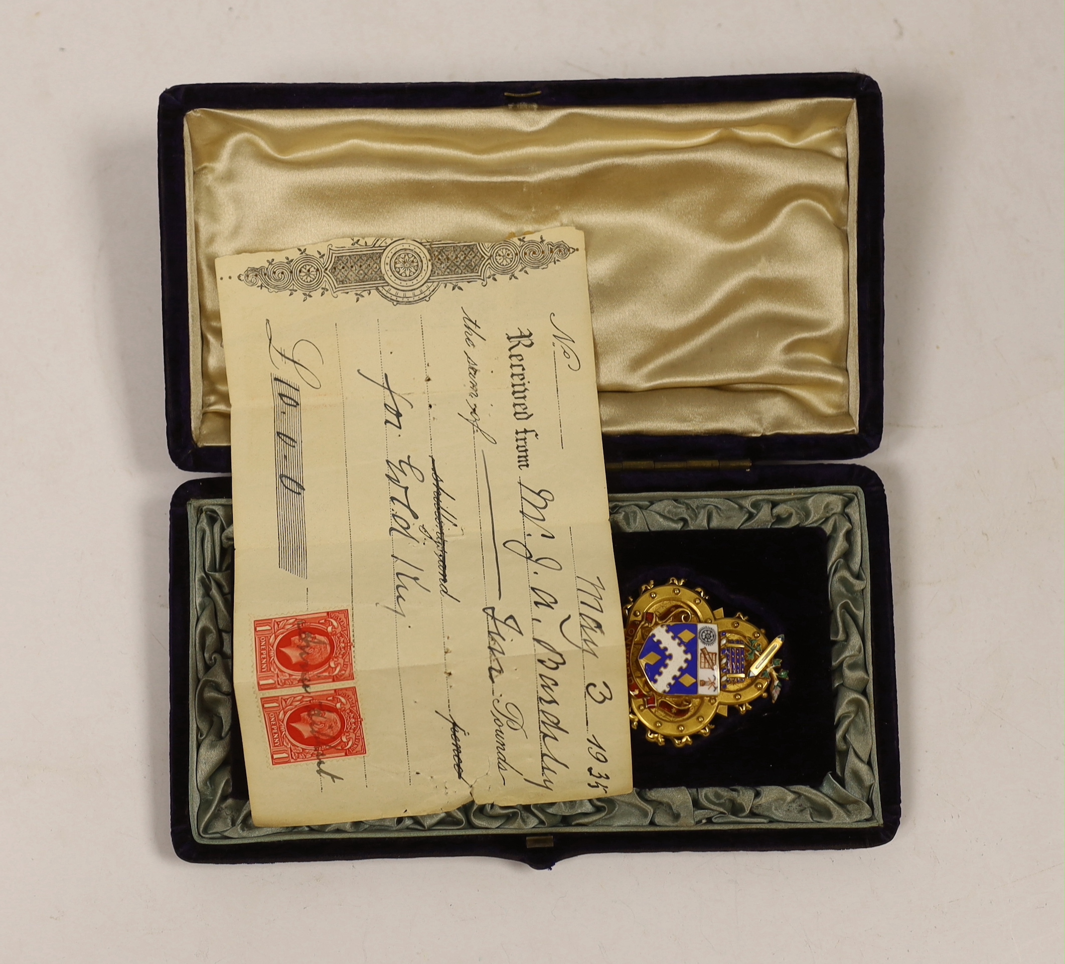 A cased Victorian gilt and polychrome enamelled presentation key, makers mark, M&M, 11.7cm, with engraved inscription relating to the presentation to Mayor Edward Hibbett, on the opening of the Town Hall in Hyde.